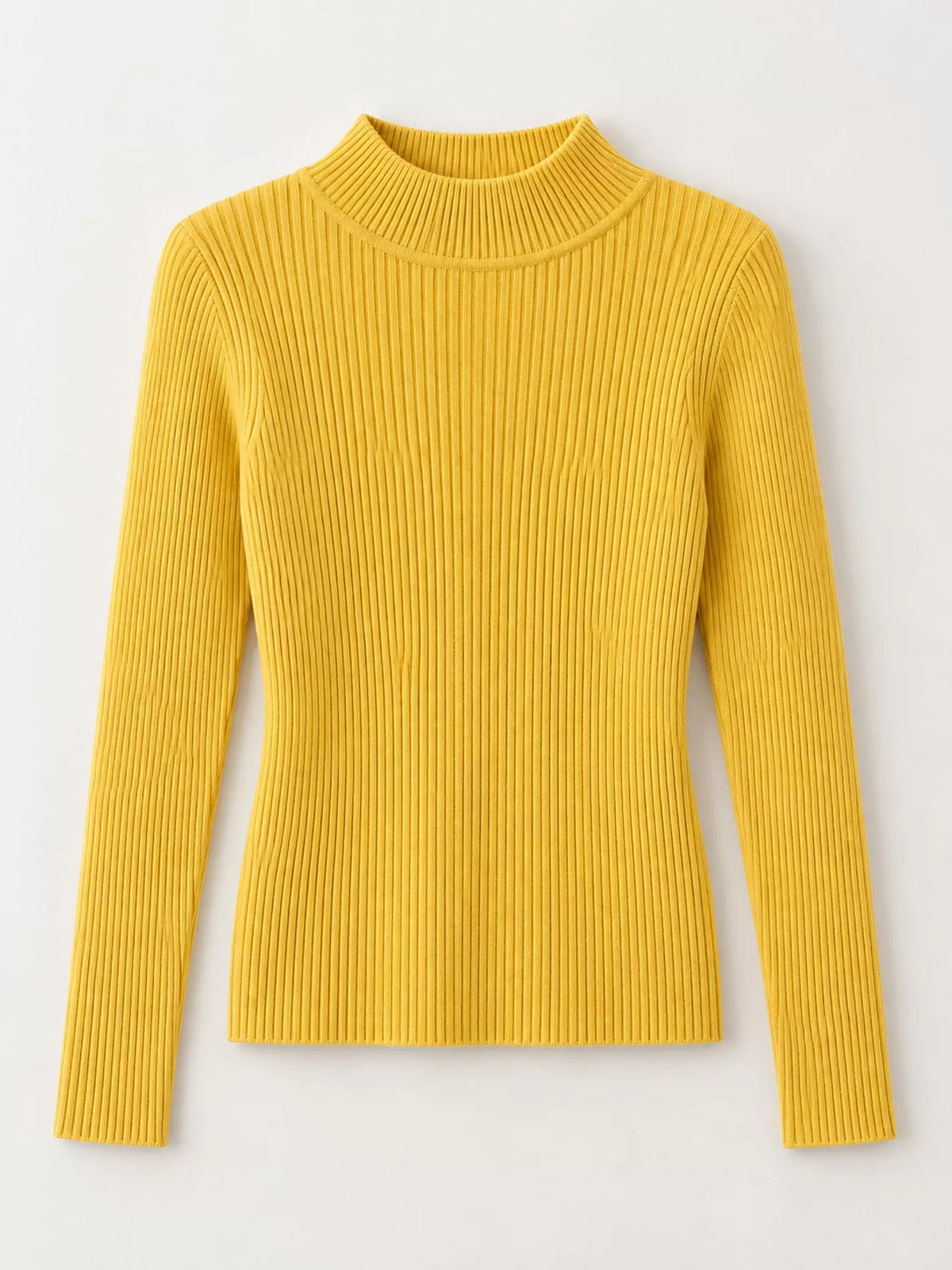Yellow ribbed mock neck long sleeve knit top