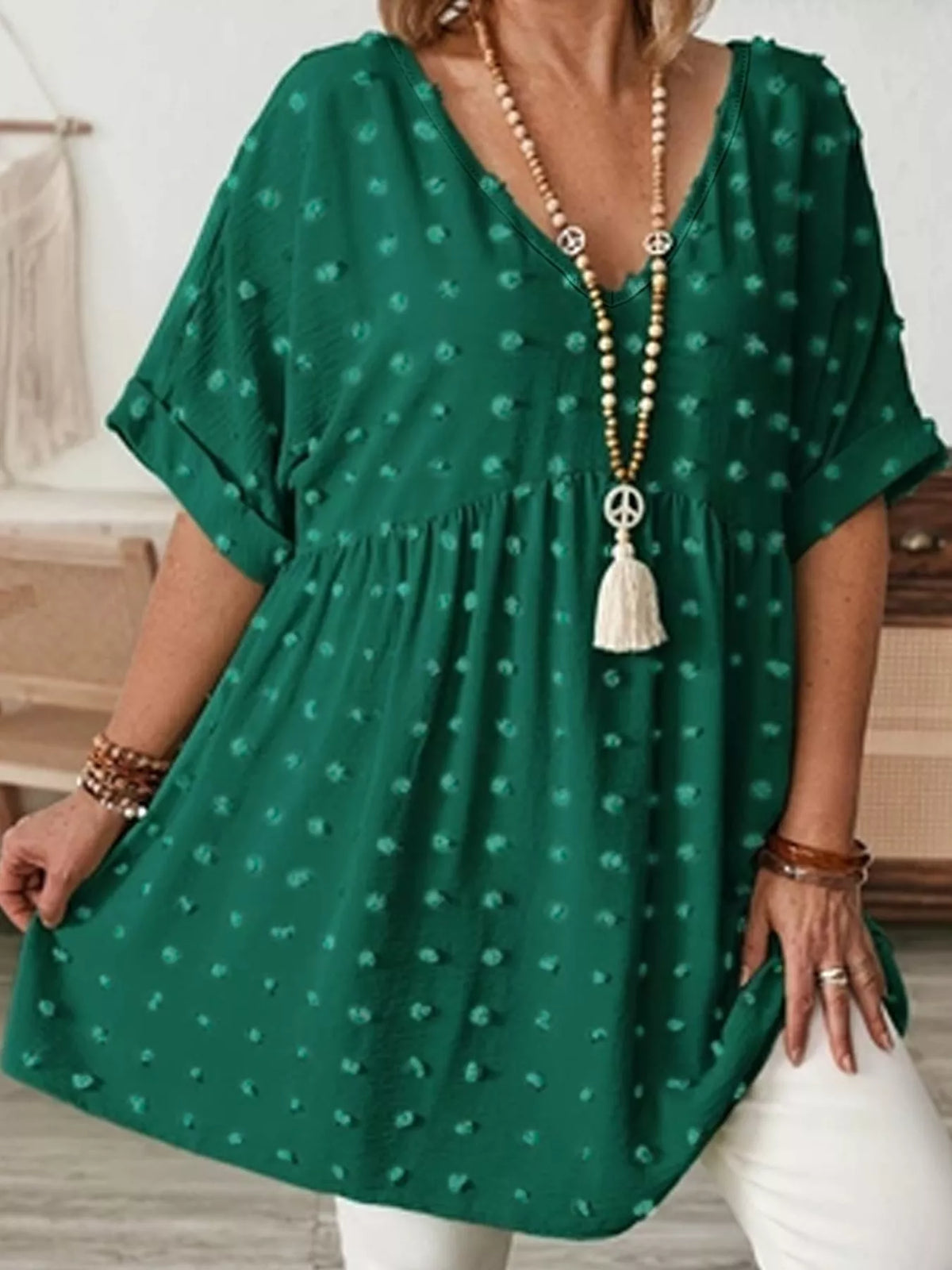 Swiss-dot blouse, dark green front