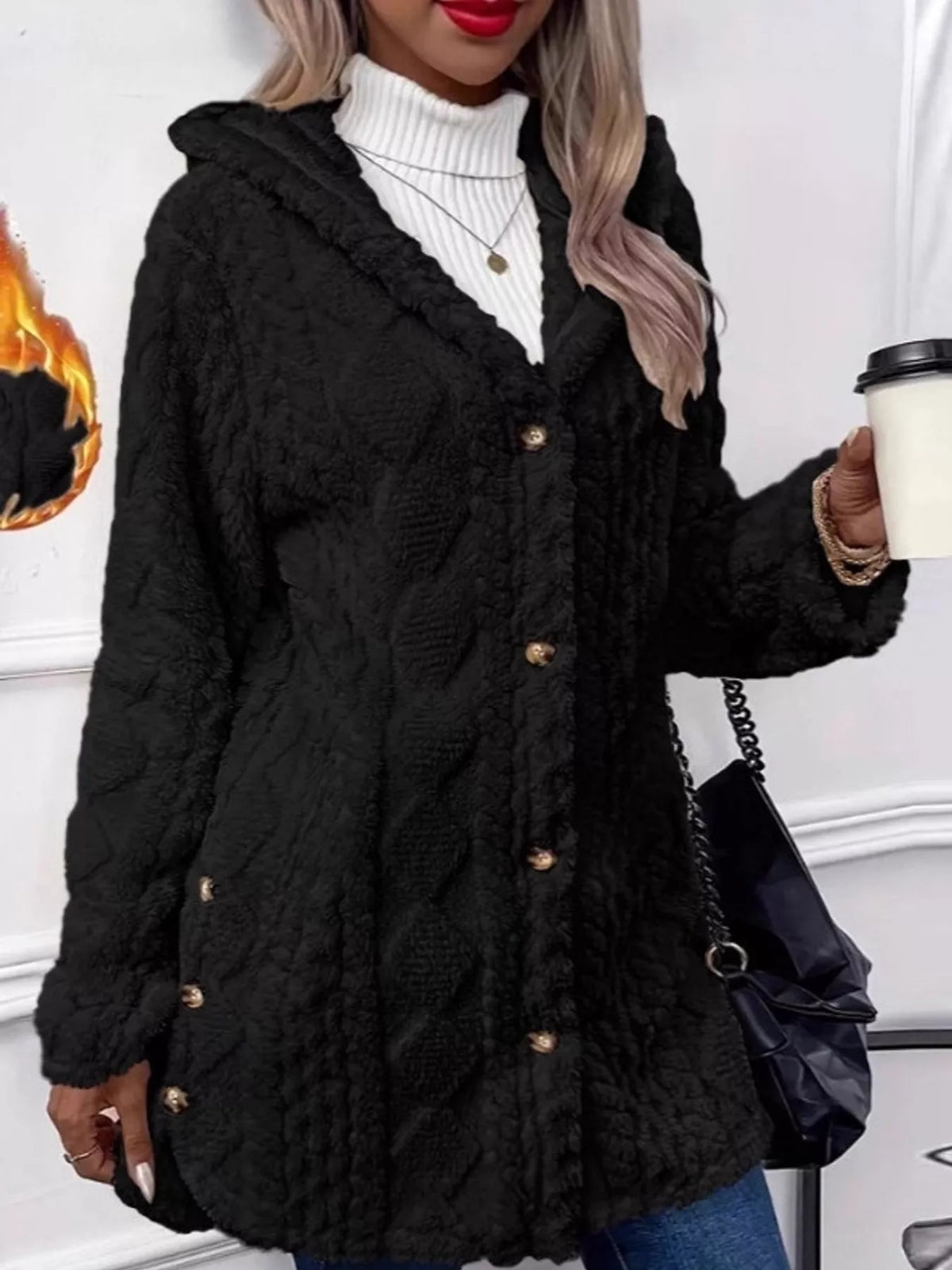 Black cable knit faux fur hooded jacket