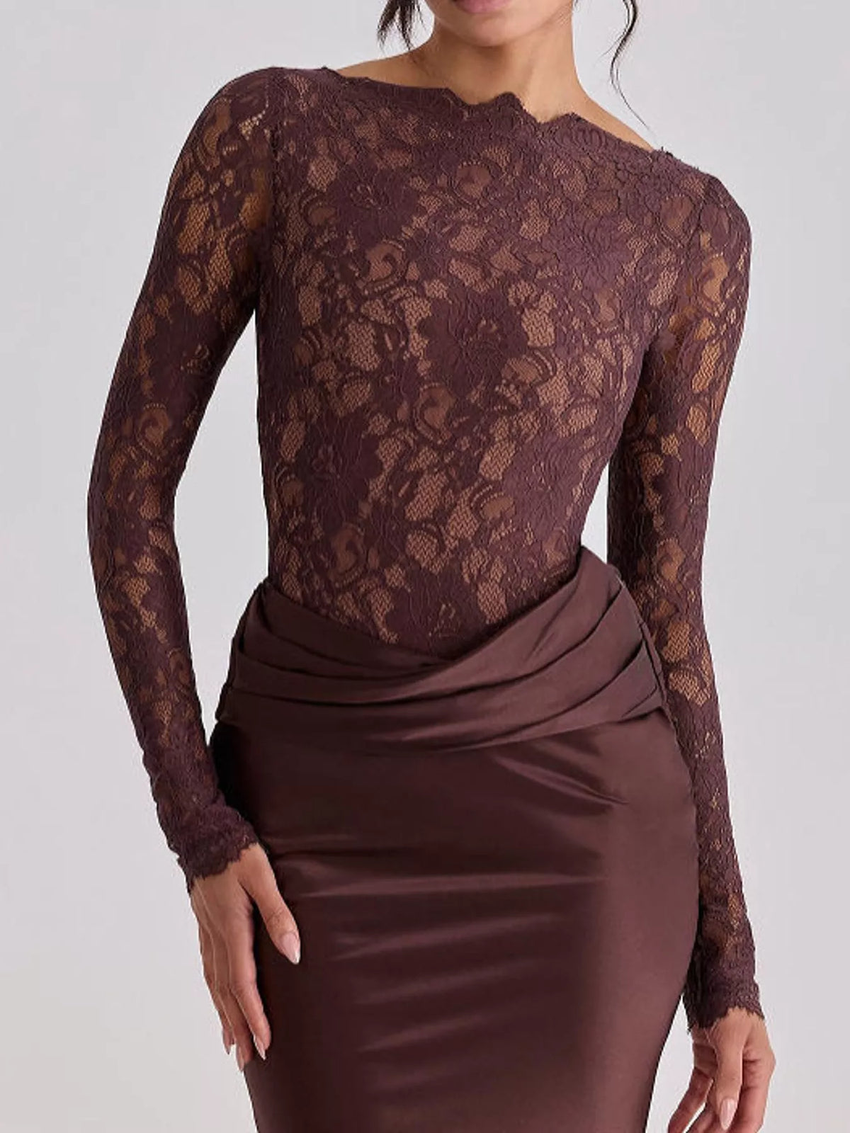 Brown lace and satin maxi dress