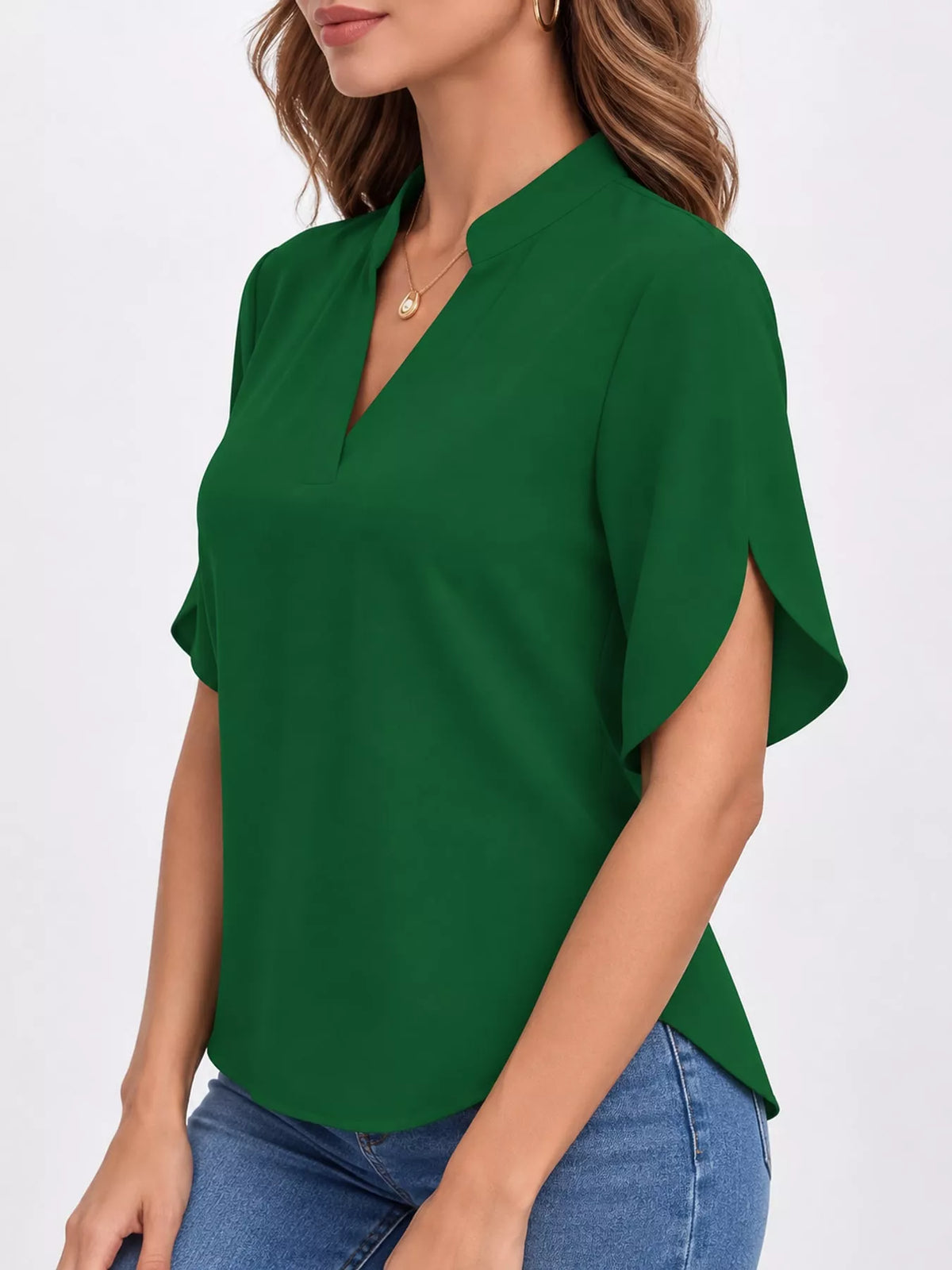 Women's Notched Slit Short Sleeve Blouse in green — side view