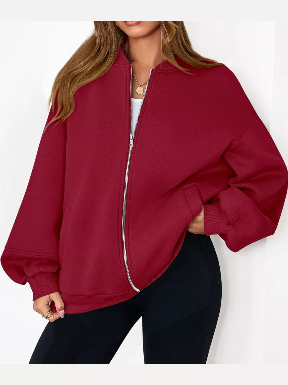 Red oversized zip-up jacket — front view