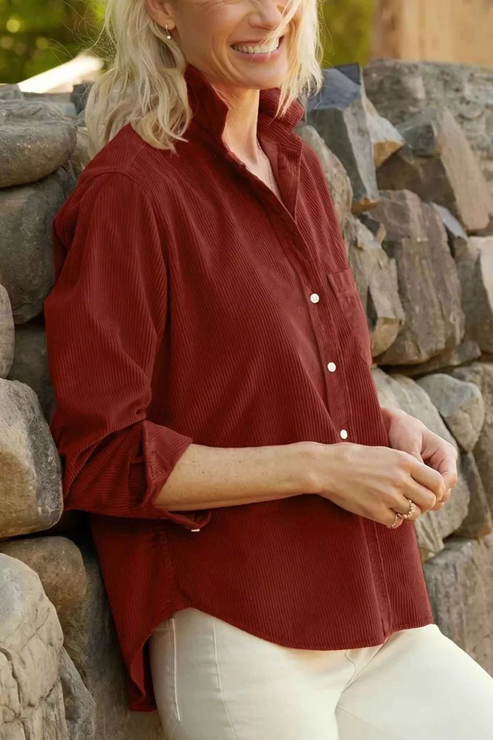 Rust corduroy button-down shirt, side view