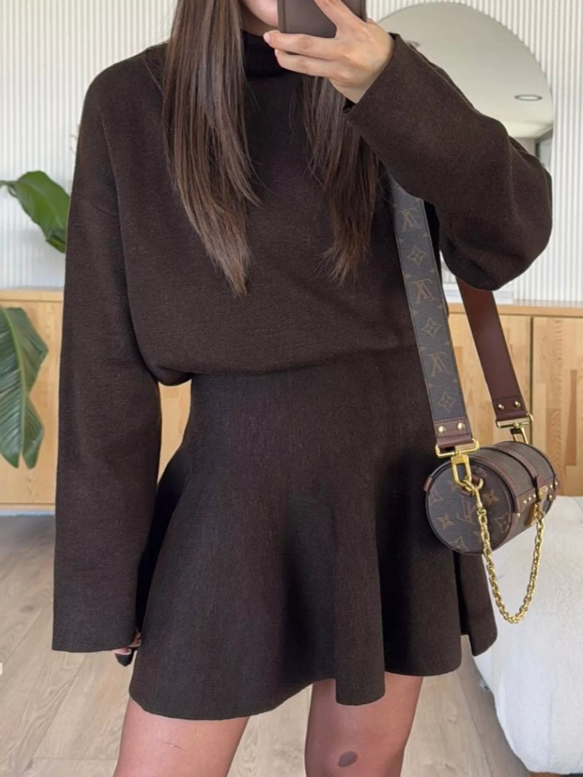 Brown mock neck knit top and flared skirt set