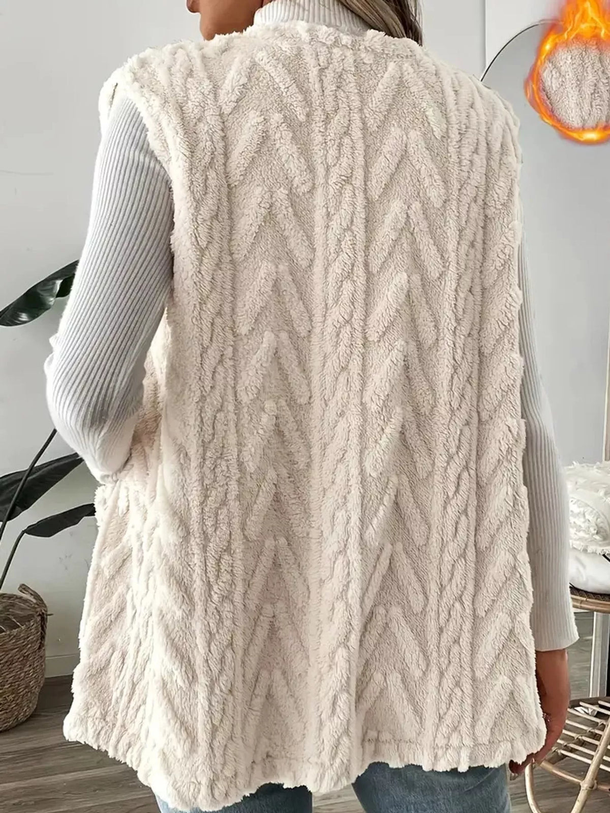 Cream sherpa open front vest coat, back view