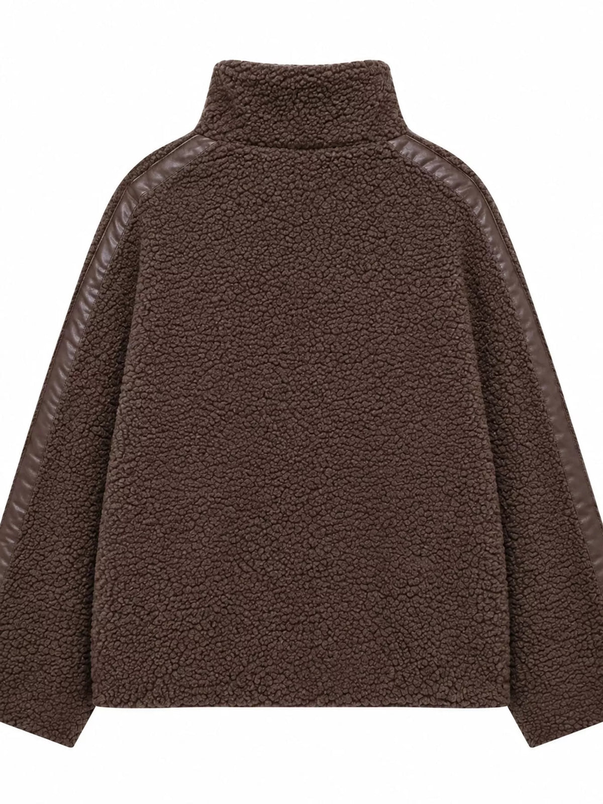 Brown sherpa zip-up jacket, back view