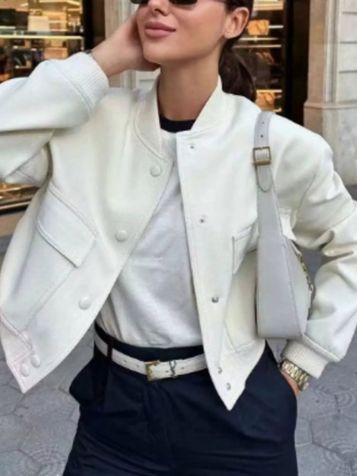 Snap-Down Cropped Bomber Jacket, front view