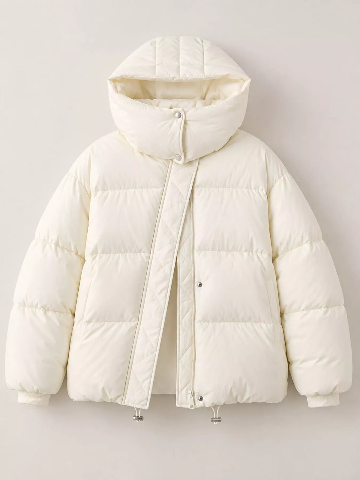 Cream quilted hooded puffer jacket, front product view
