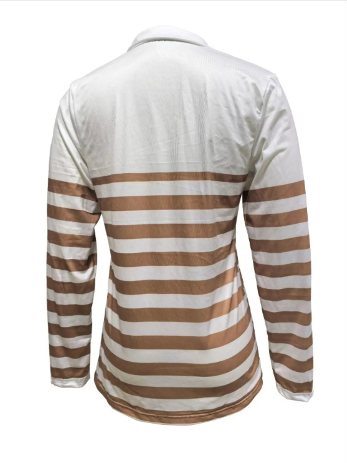 Brown and white quarter-zip striped top, back view