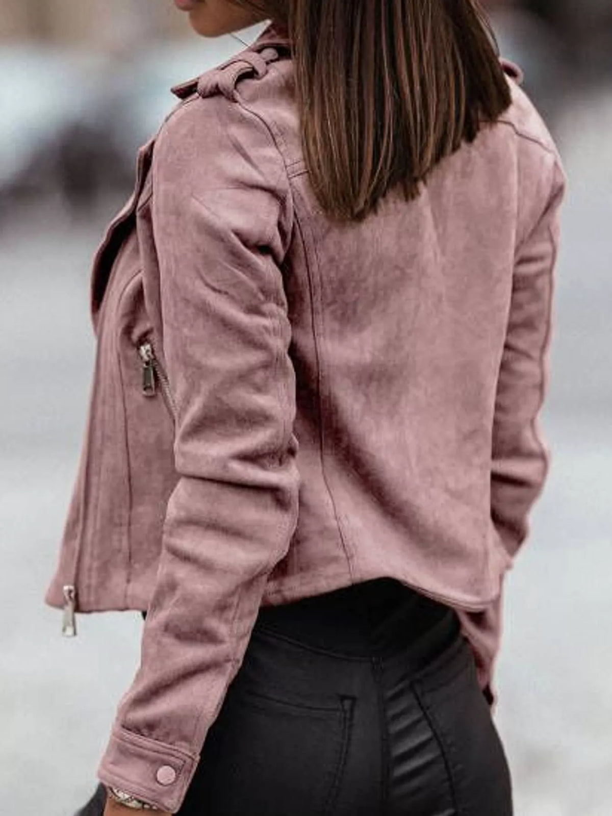 Pink asymmetrical zipper long sleeve jacket — back view