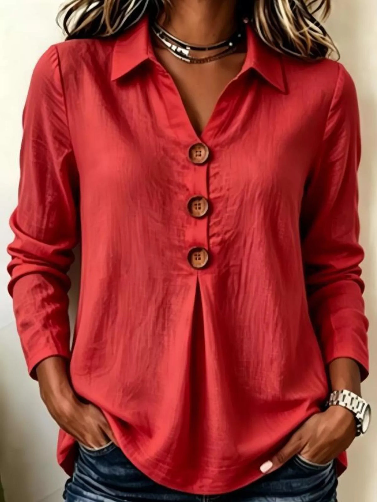 Trendsi Full Size Button Detail Long Sleeve Blouse Plus Size -