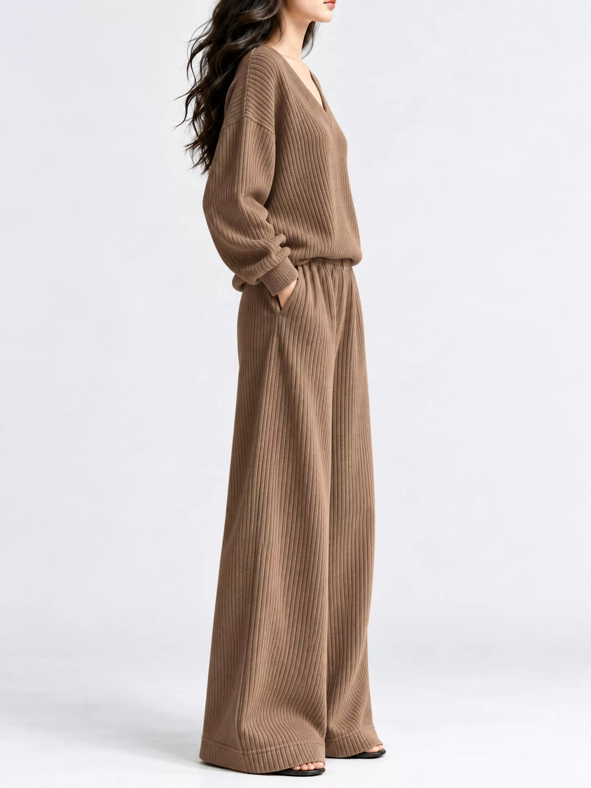 Brown corduroy v-neck top and pants set — side view