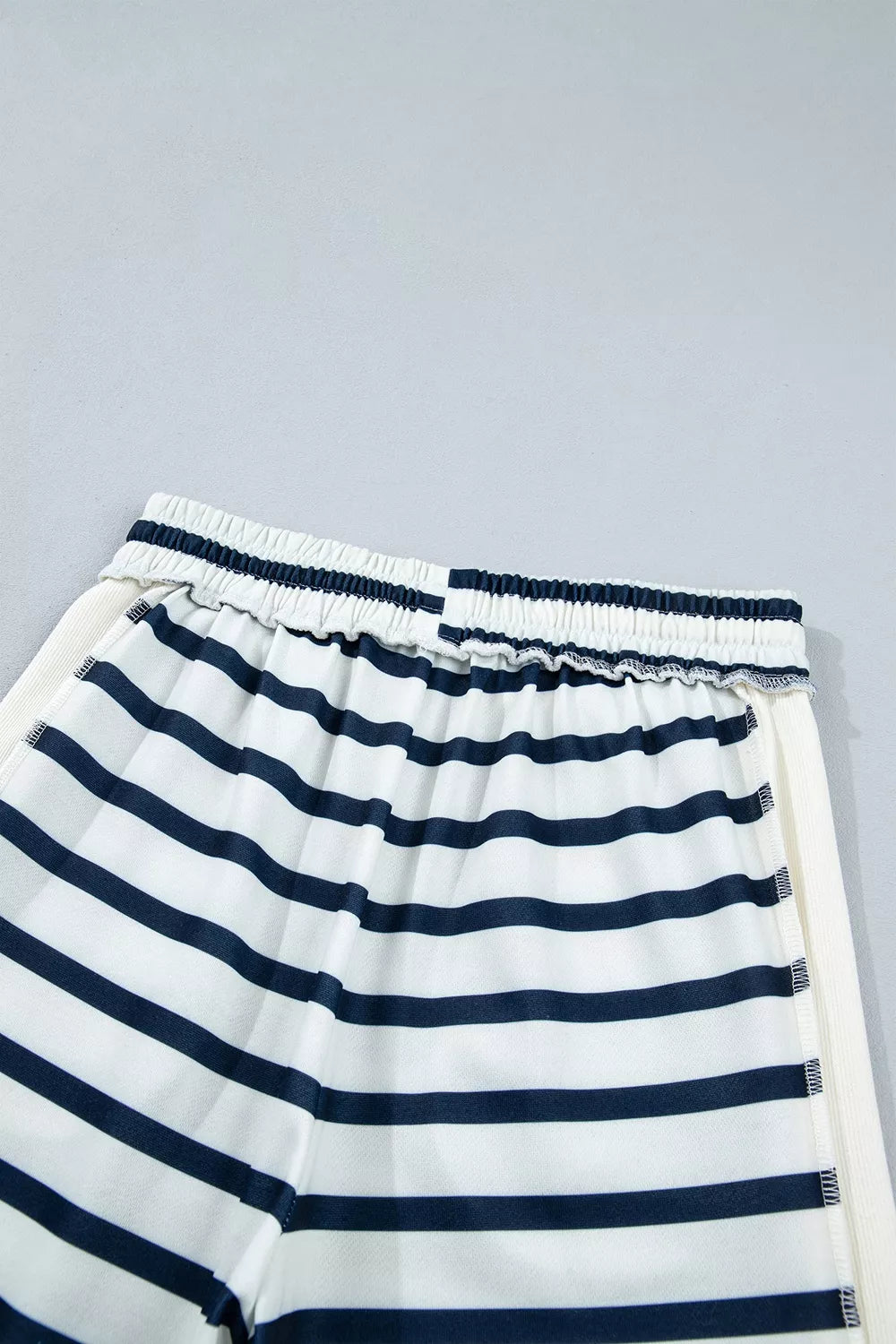 Women's Striped Long Sleeve Top and Wide-Leg Pants Set in White, neckline detail
