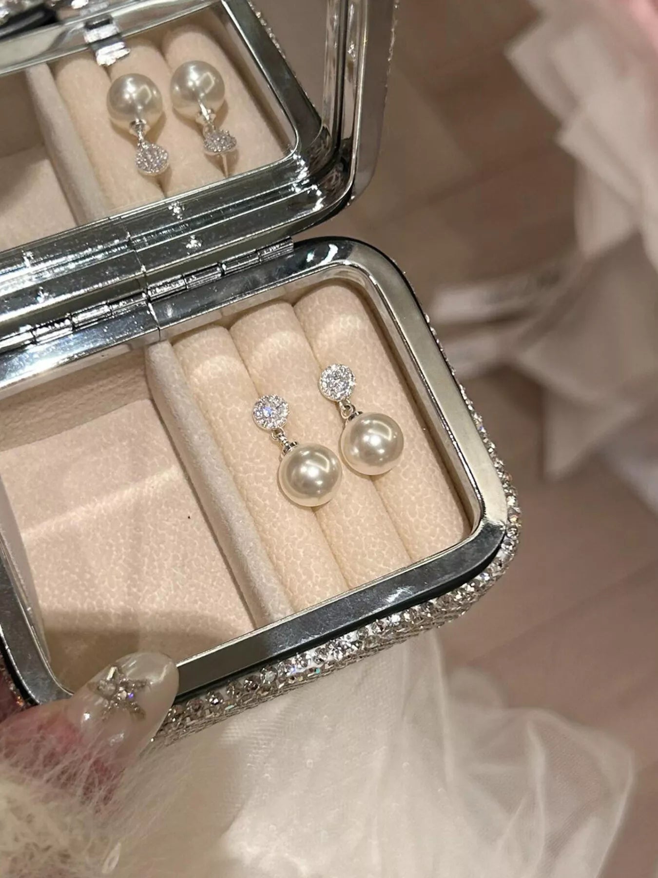 Women's Synthetic Pearl Zircon Drop Earrings 925 Silver Post Pair