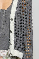 Trendsi POL Openwork Contrast Cardigan with Floral Metal Button -