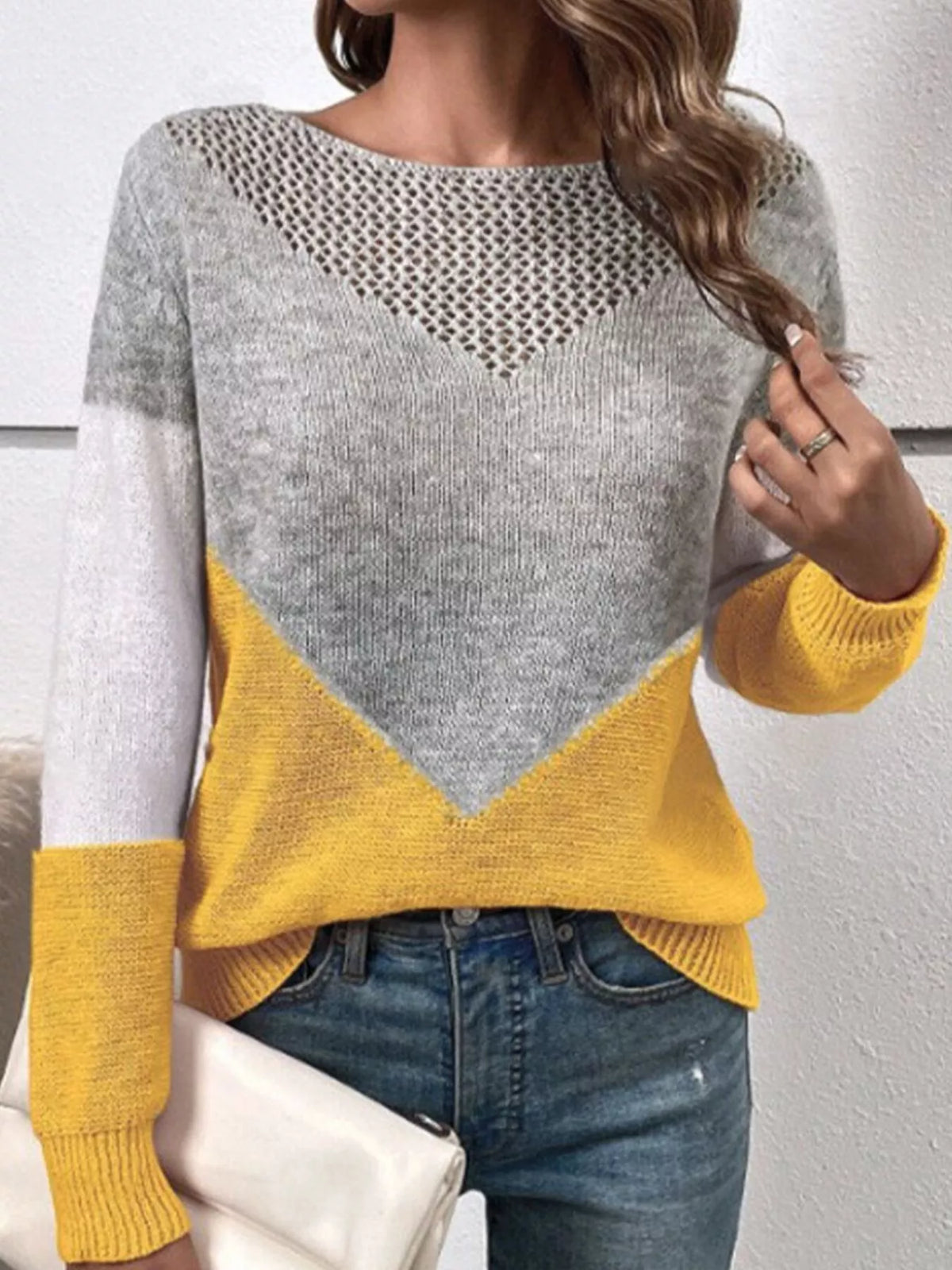 Women's Openwork Color Block Long Sleeve Sweater in Dark Brown, front view