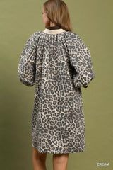 Trendsi Umgee Leopard Print Quarter Zip Puff Sleeve Mini Dress - Dresses
