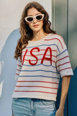 Trendsi SO ME Usa Stripe Knit Short Sleeves Sweater Top -