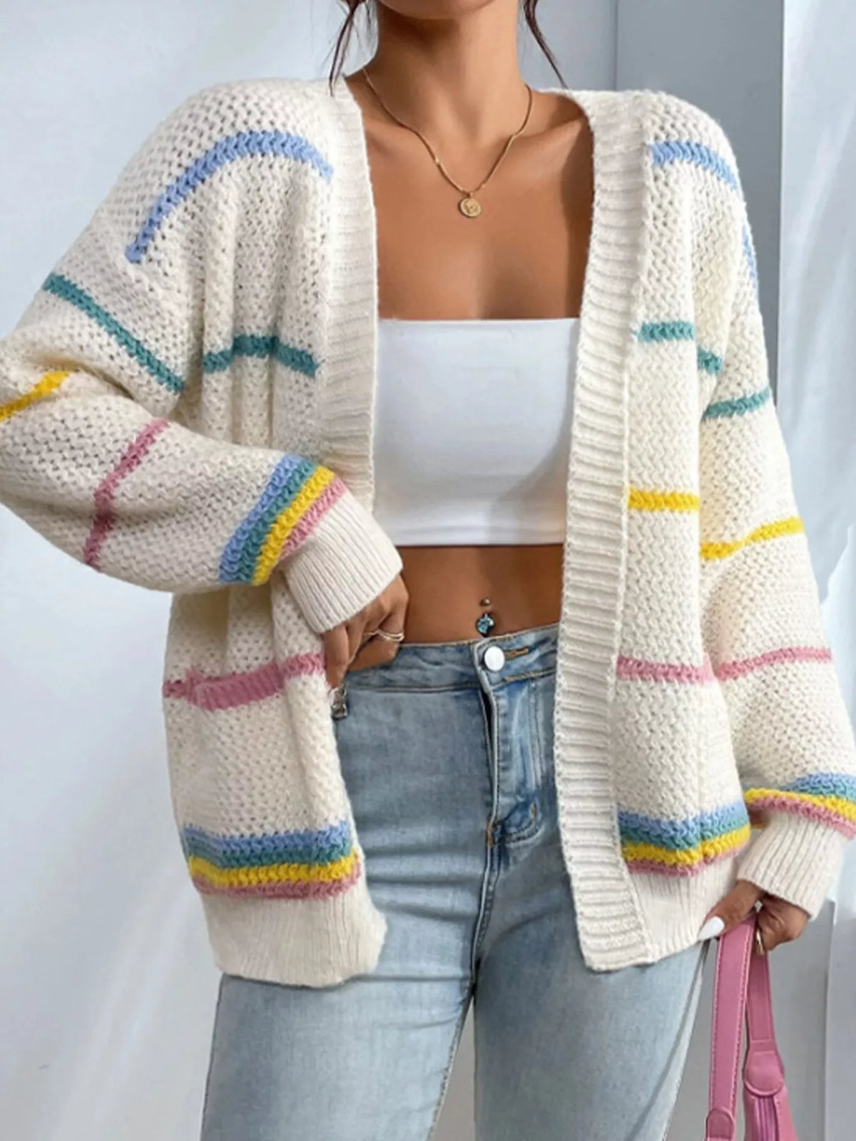 Cream with multicolored stripes striped open front knit cardigan