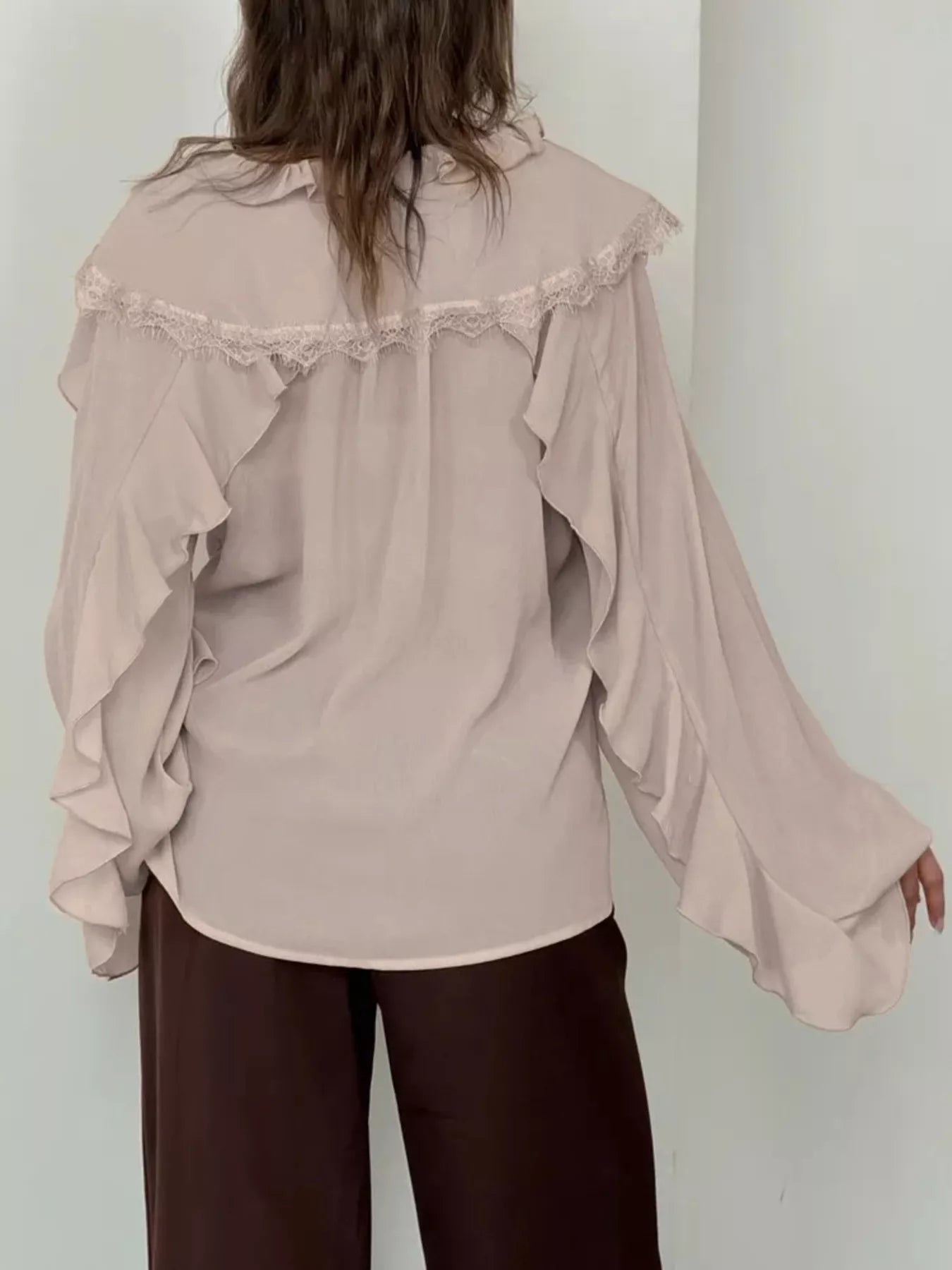 Trendsi V-Neck Ruffled Lace Trim Blouse -