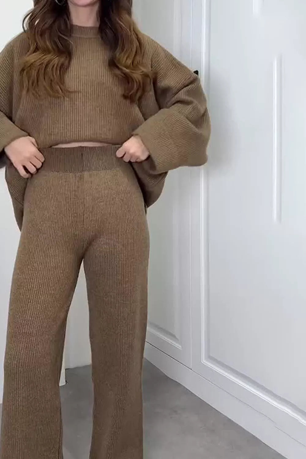 Trendsi Dropped Shoulder Knit Sweater and Wide Leg Pants Set -