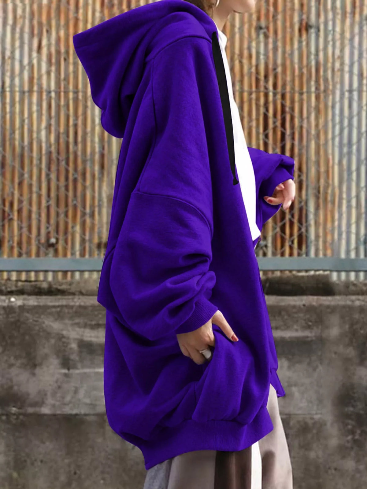 Purple drawstring zip-up oversized hoodie