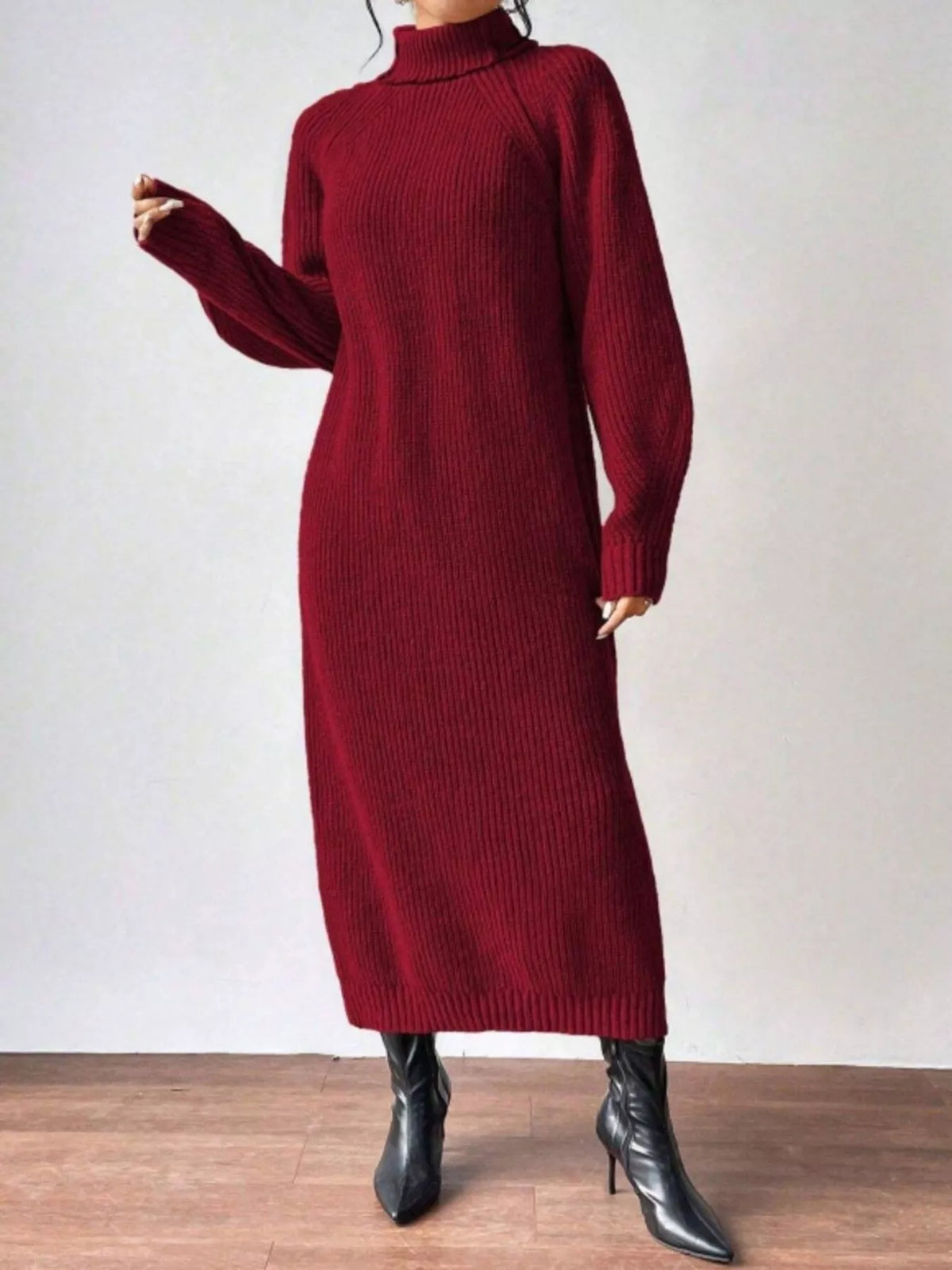 Turtleneck Ribbed Knit Midi Sweater Dress in burgundy, front view