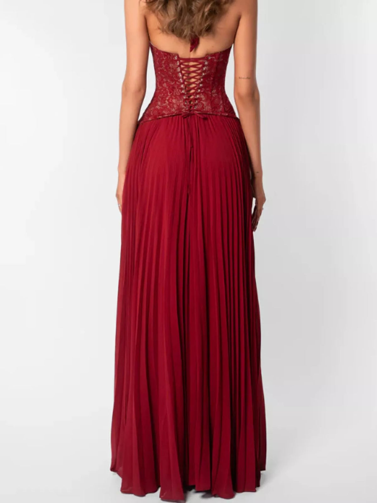 Lace Halter Neck Pleated Maxi Dress — back view