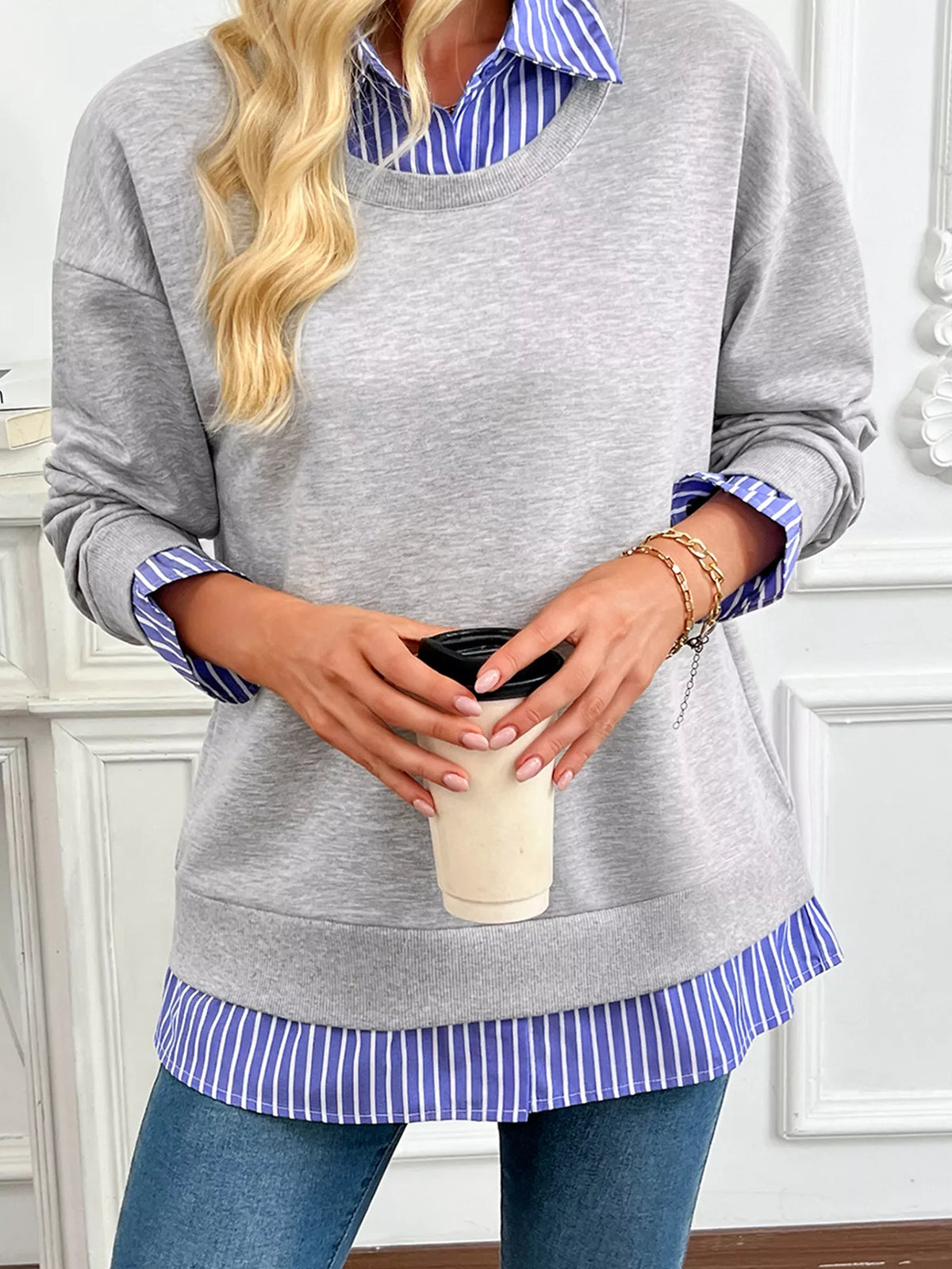 Striped-collar sweatshirt, gray front layered hem