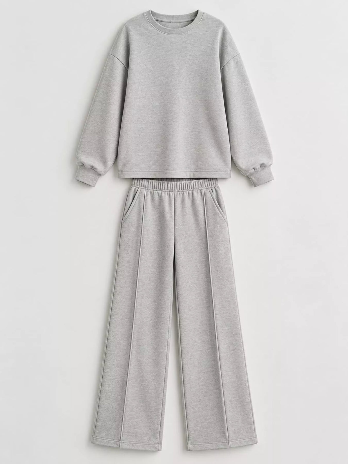 Light gray oversized sweatshirt and wide-leg pants set — front view