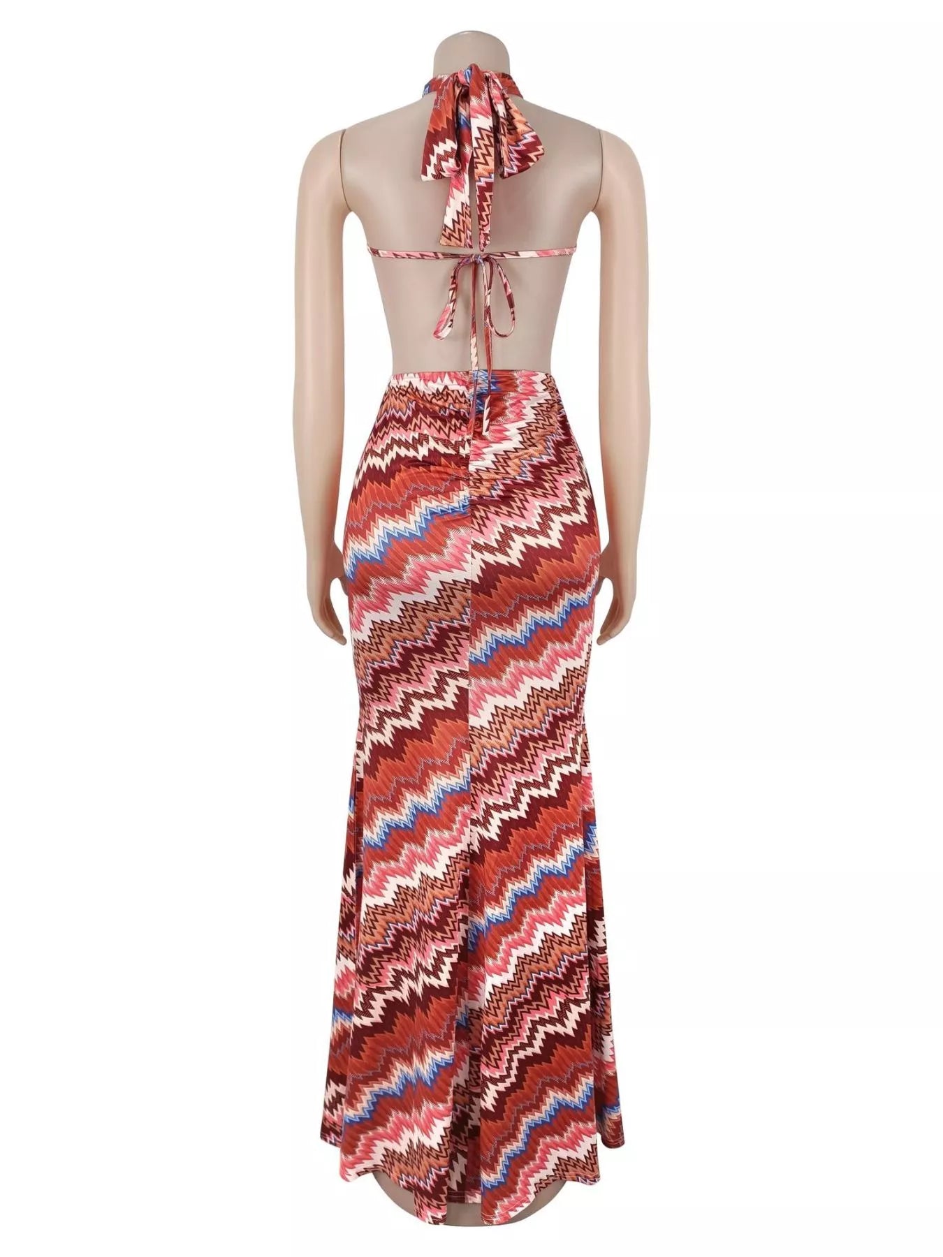Trendsi Chevron Print Halter Neck Cut-Out Maxi Dress -