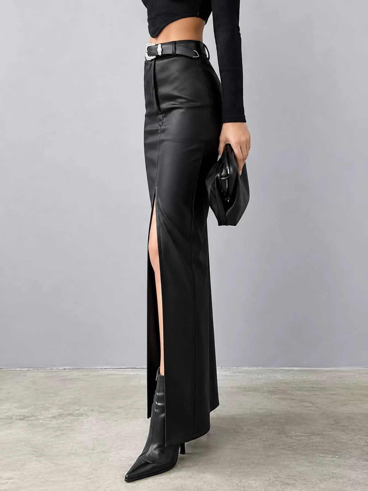 High-Waisted Faux Leather Maxi Skirt with Front Slit — side view