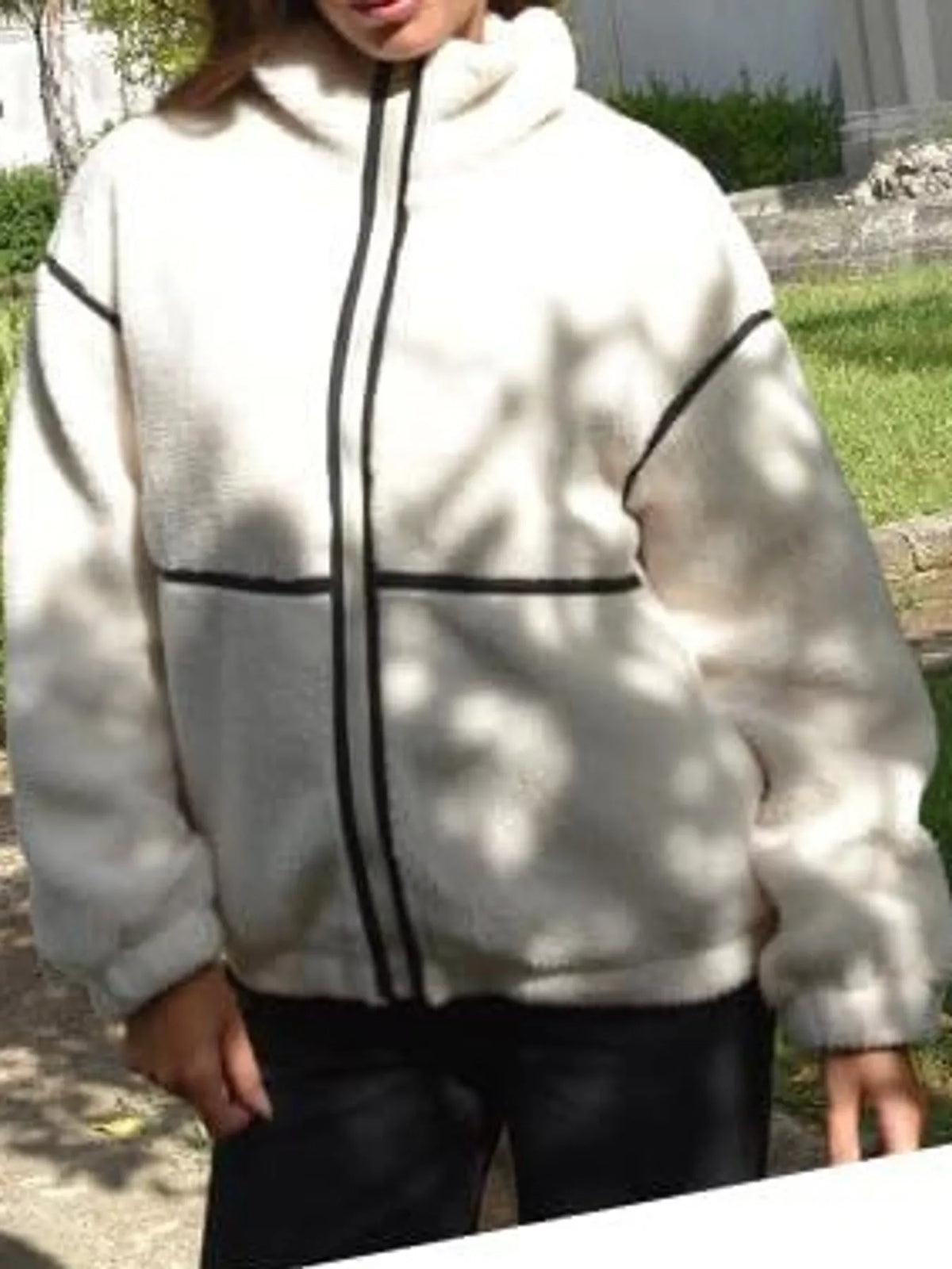 Stand Collar Sherpa Fleece Zip-Up Jacket — front view