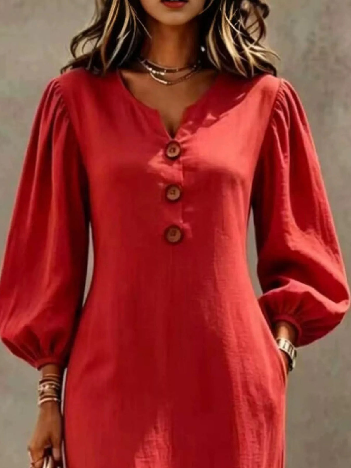 Red balloon-sleeve maxi dress, neckline and sleeve detail