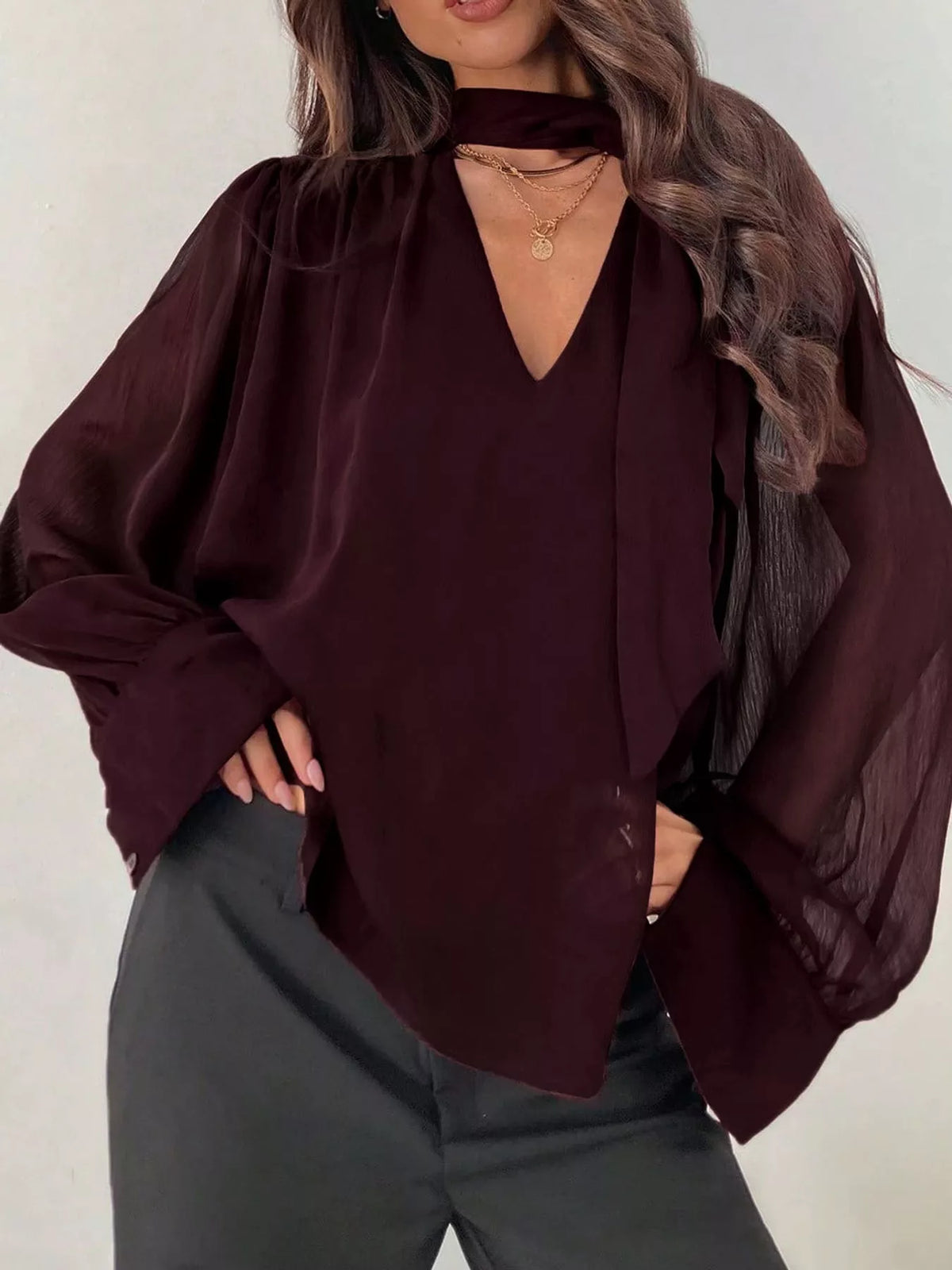 V-Neck Long Sleeve Chiffon Blouse in magenta