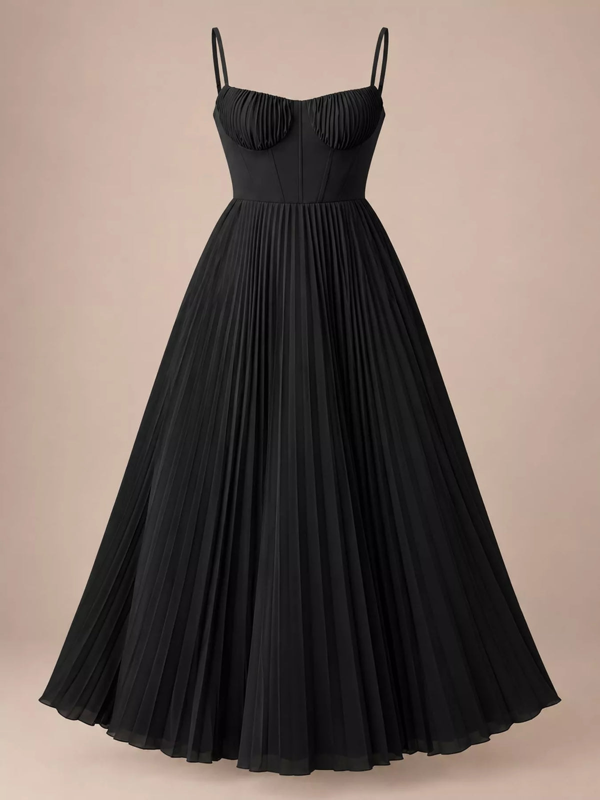 Black pleated sweetheart neck midi dress — front view