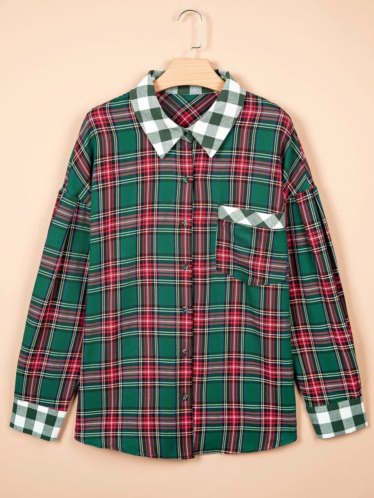 Plaid button-front shirt, plaid hanging front