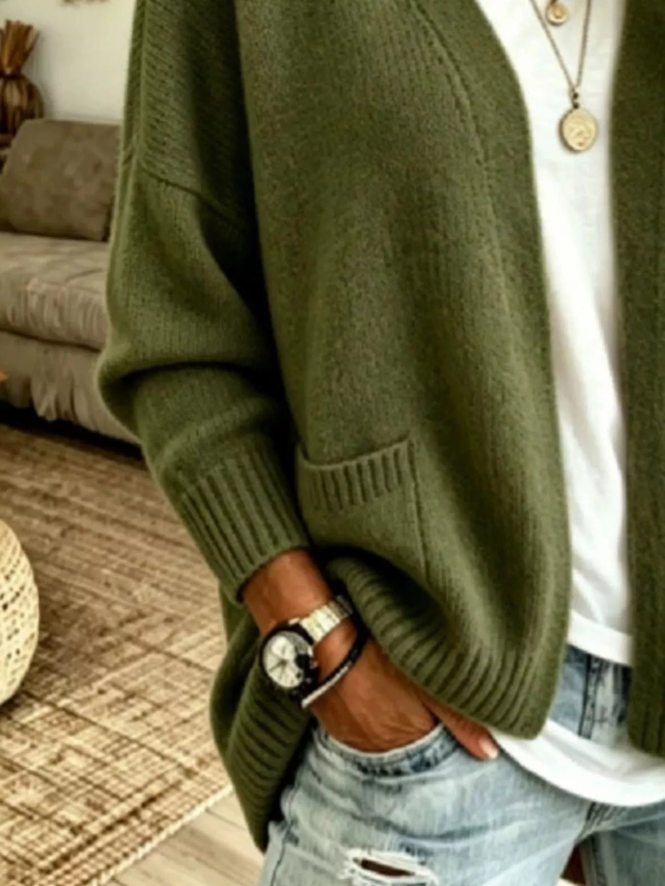 Trendsi Open Front Knit Cardigan with Pockets -