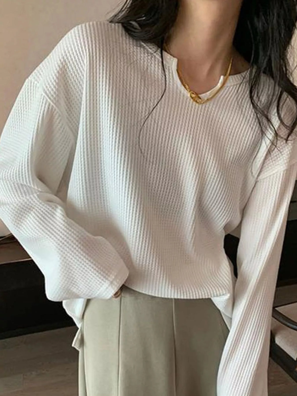 Split-Neck Waffle Knit Long Sleeve T-Shirt — front view