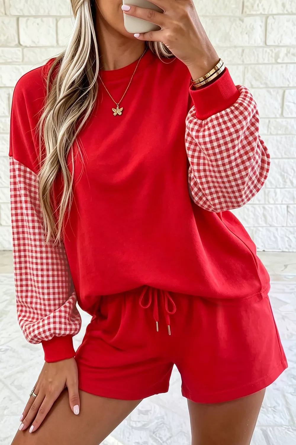 Trendsi Gingham Patchwork Long Sleeve Sweatshirt and Shorts Set -