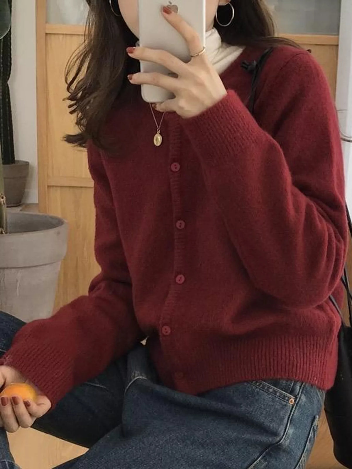 Women's Crew Neck Button-Down Knit Cardigan in burgundy — front view
