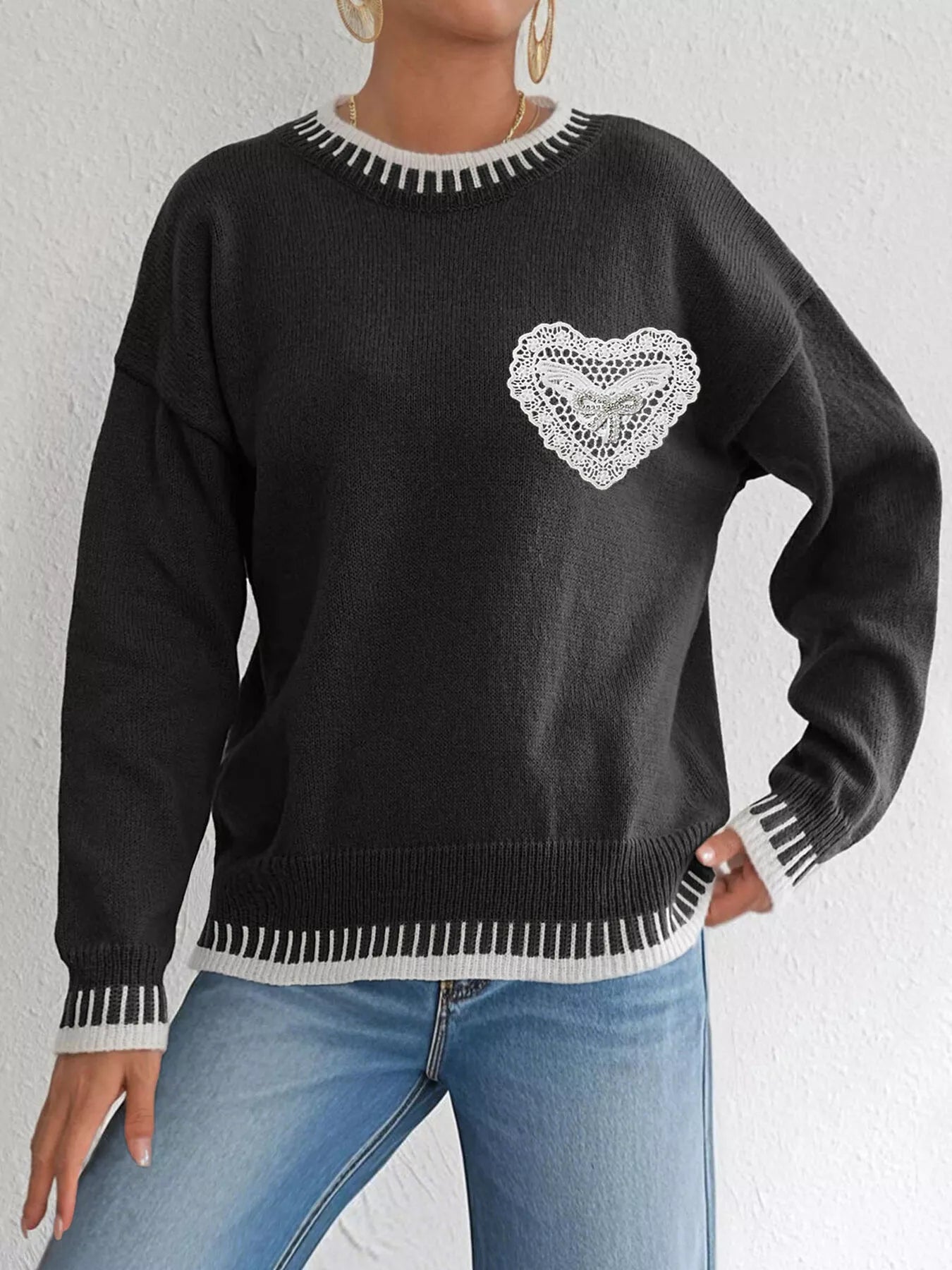 Trendsi Lace Heart Contrast Trim Sweater -