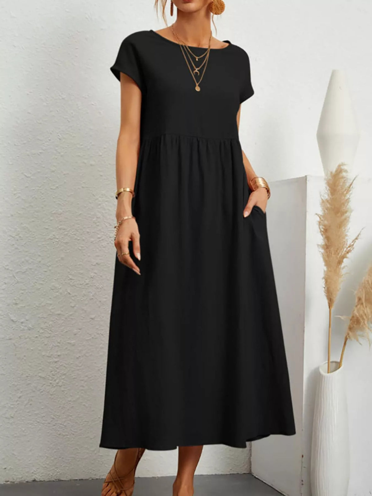 Round neck short sleeve midi dress, front view on model