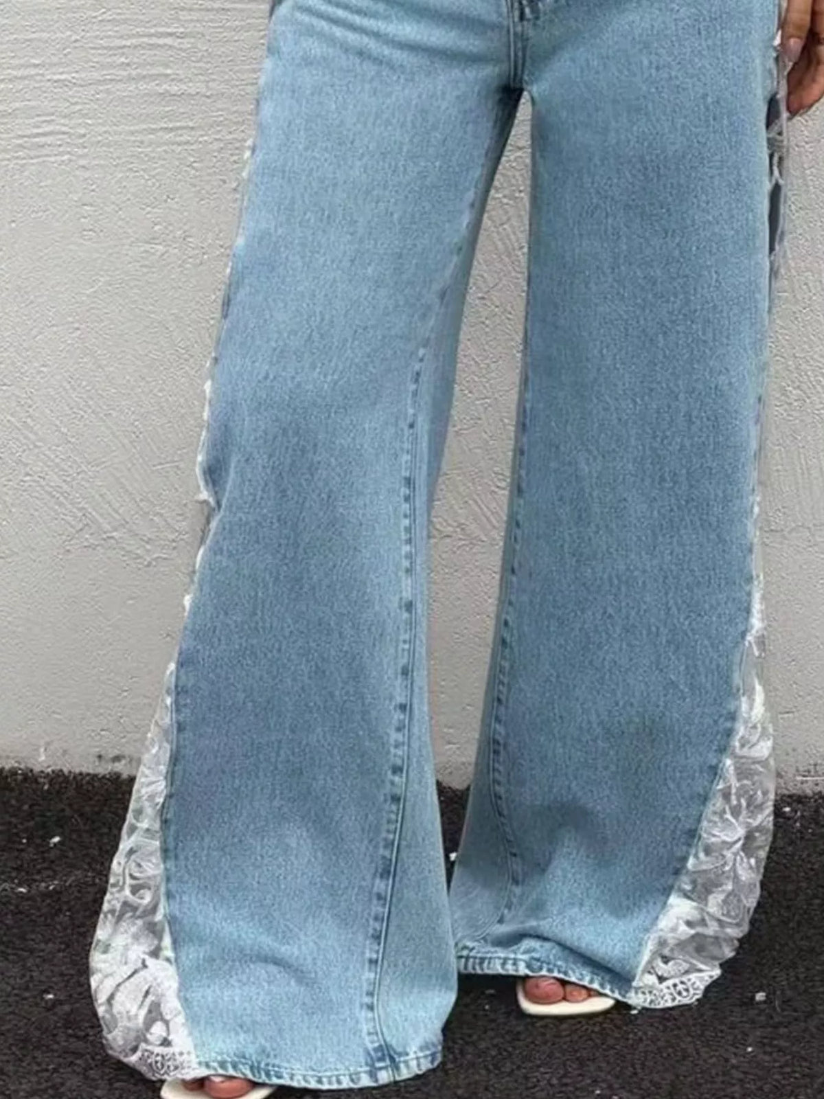 High-Waisted Wide-Leg Jeans with Sheer Floral Lace Side Panels — construction details