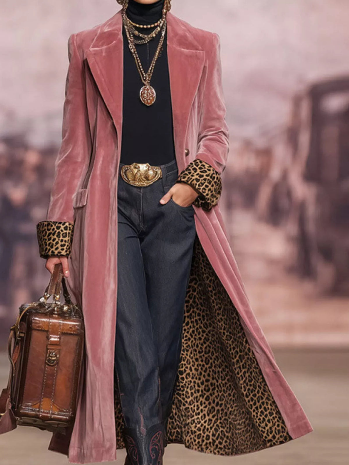 Pink-Velvet Version button up longline coat