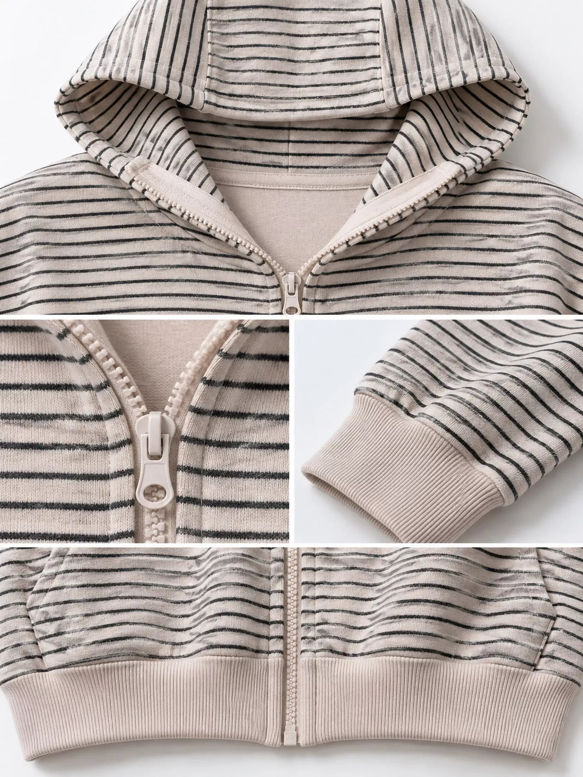 Cream and gray striped zip-up hoodie, hood, zipper, ribbed cuffs, and hem