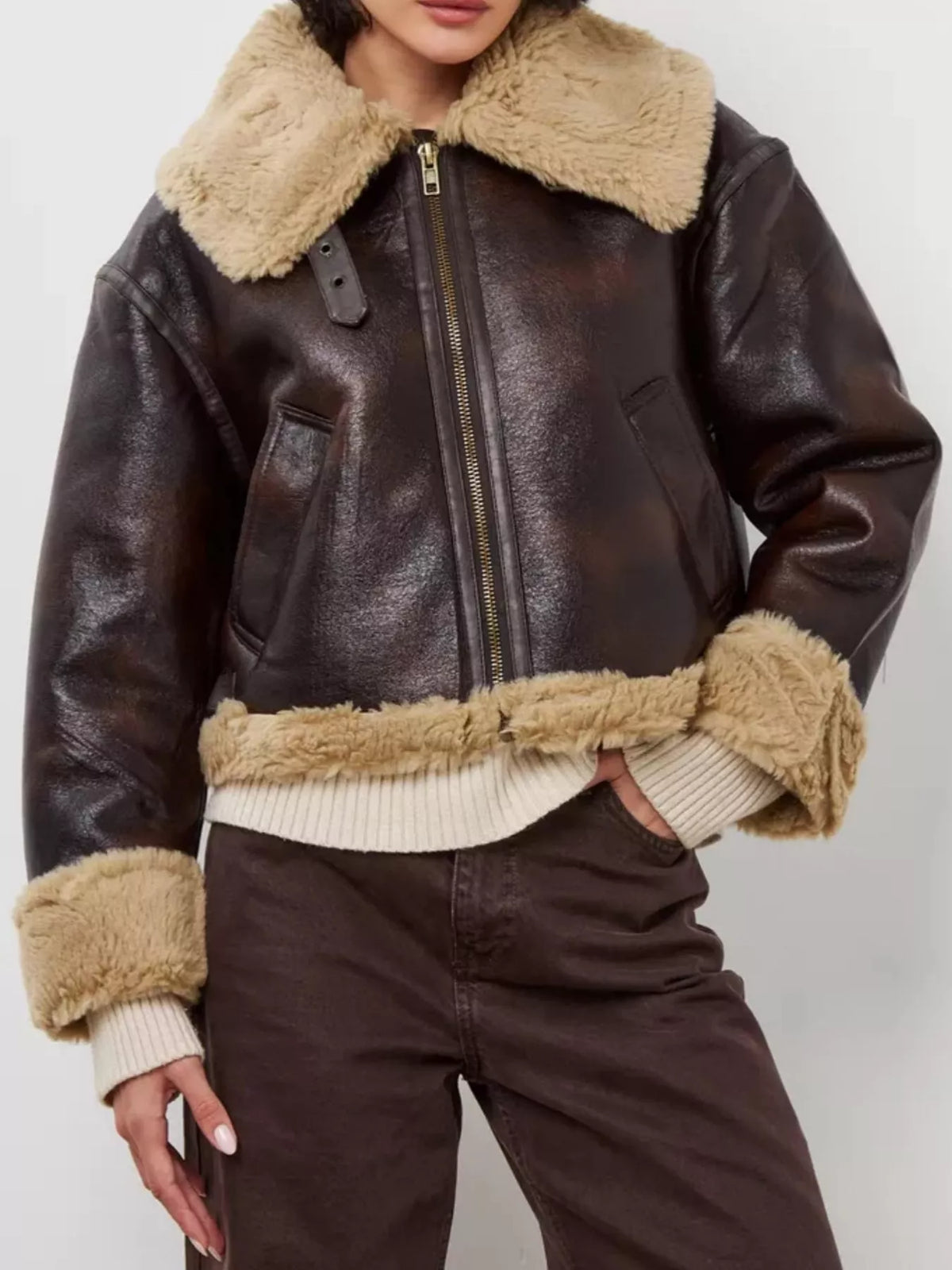 Faux Leather Aviator Jacket with Plush Trim, front view
