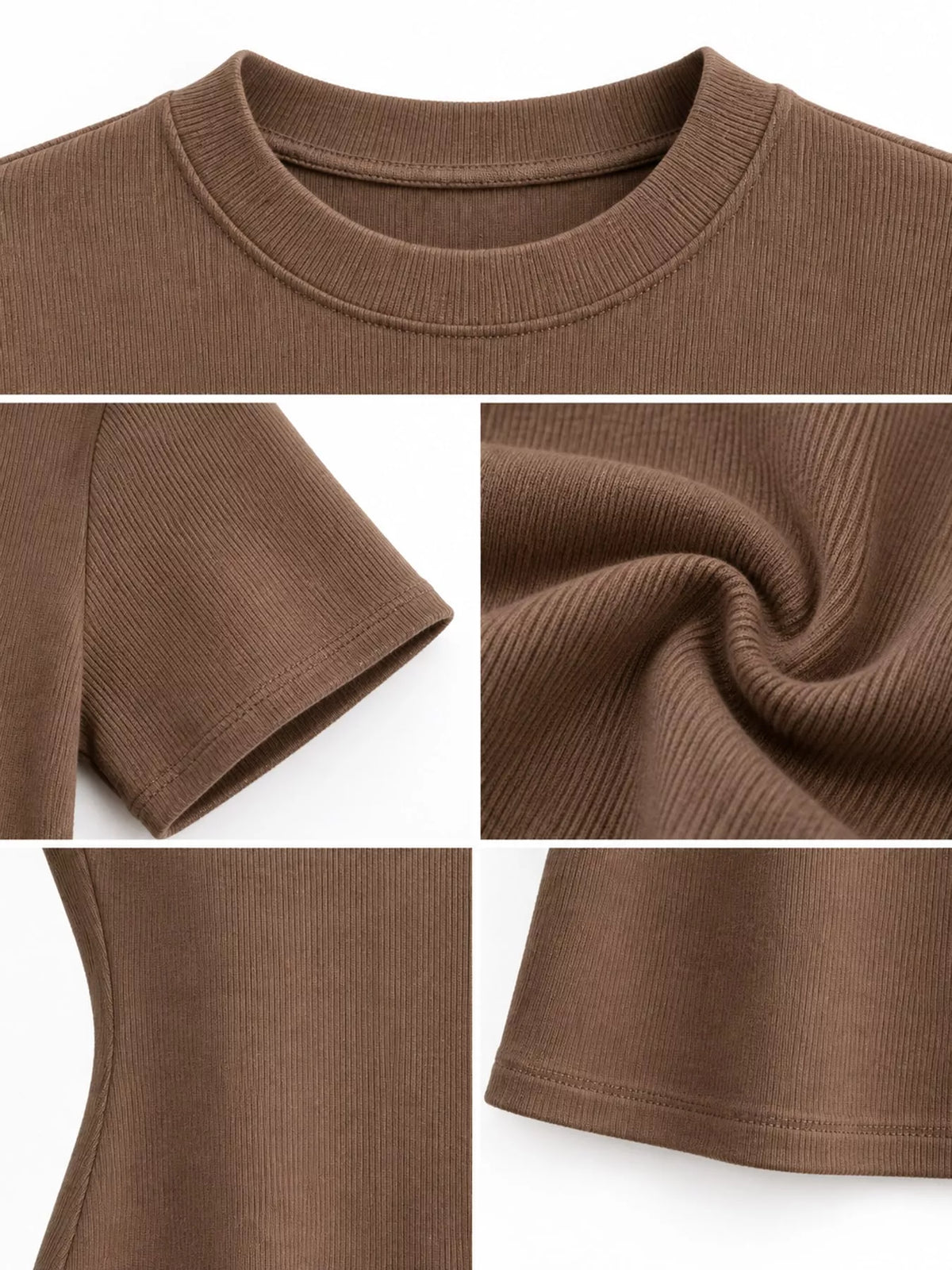 Brown slim-fit crew neck T-shirt, neckline, sleeve and hem detail collage