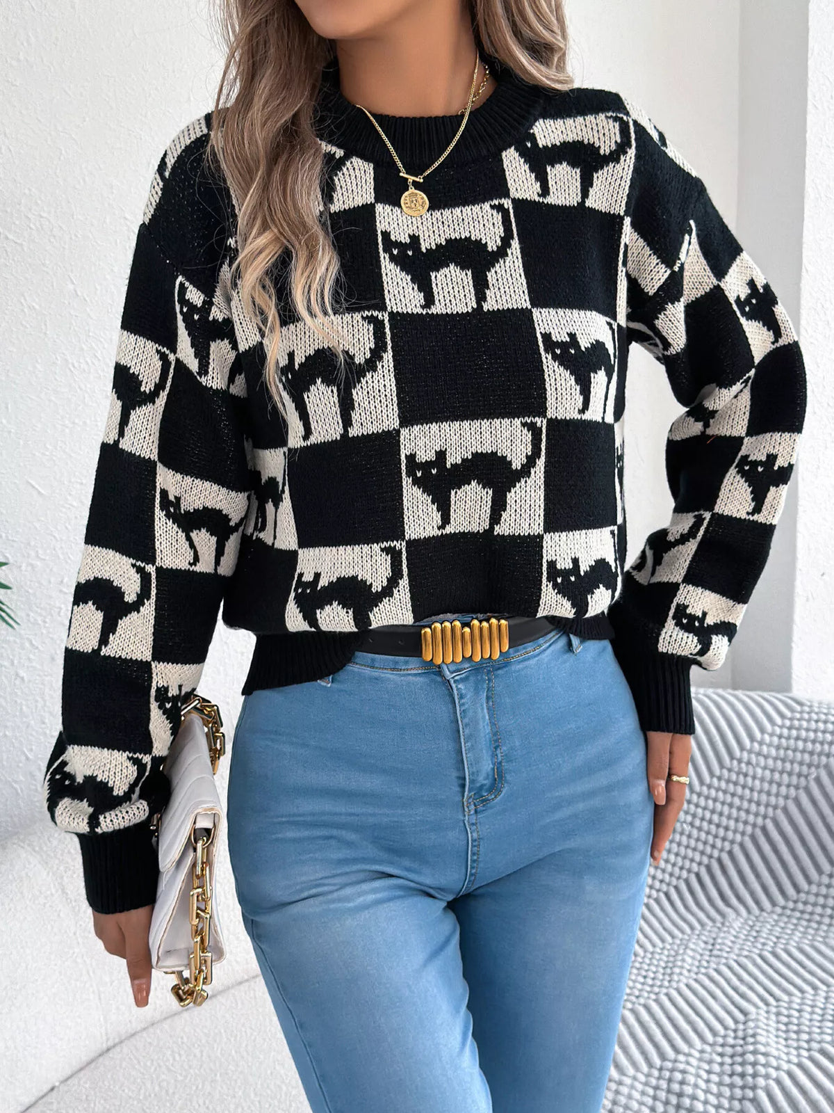 Checkerboard Halloween Graphic Sweater in black cat, front view
