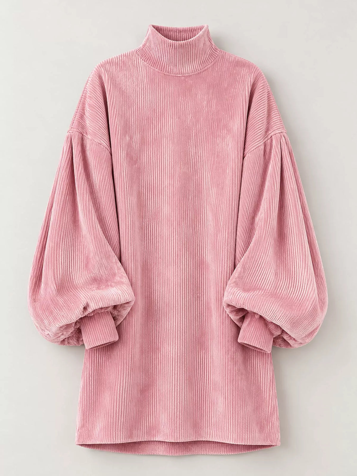 Corduroy Mock Neck Lantern Sleeve Mini Dress in pink, front view